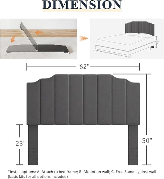 Befurtori Queen Size Headboard Only, Velvet Wall Mounted Headboard Queen/Full Size for Adjustable Bed, Modern Vertical Channel Design with Curved Tufted Upholstered Head Board,Dark Gray