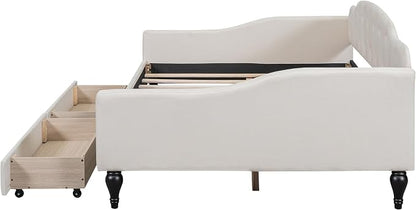 Merax Full Size Daybed with Storage, Solid Wood Sofa Bed Frame w/2 Drawers, Upholstered Tufted Daybed for Living Room, Bedroom and Guest Room, Beige