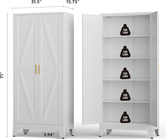 Metal Kitchen Pantry Cabinet,71" White Farmhouse Storage Cabinet with 2 Vintage Barn Doors and 4 Adjustable Shelves, Rustic Freestanding Cupboard for Kitchen,Home Office Living Room,Dining Room