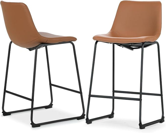 Athena Collection Bar stools Set of 2, 23 Inches Counter Height Bar Stools Chair with Back and Metal Legs, Modern Leather Barstools Set of 2 for Counter, Kitchen Island, Dining Room, Brown