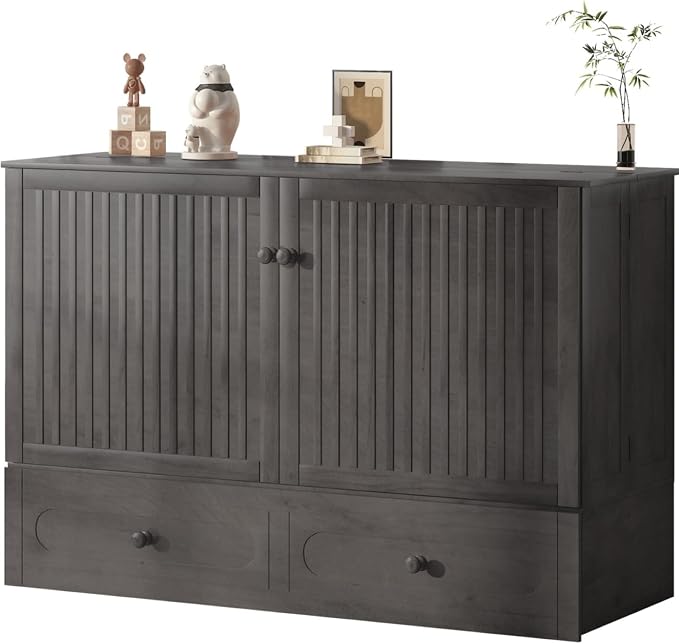 Mjkone Murphy Cabinet Bed Queen Size with Mattress Included, Multi-Functional Cube Cabinet Bed, Solid Wood Mobile Wall Beds Chest with USB Charging Station, Storage Drawers for Living Room, Dark Grey