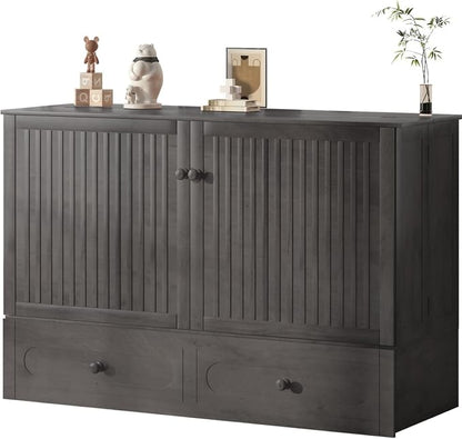 Mjkone Murphy Cabinet Bed Queen Size with Mattress Included, Multi-Functional Cube Cabinet Bed, Solid Wood Mobile Wall Beds Chest with USB Charging Station, Storage Drawers for Living Room, Dark Grey