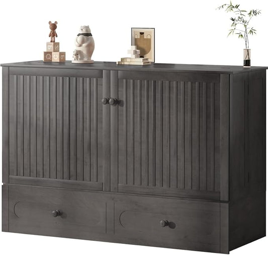 Mjkone Murphy Cabinet Bed Queen Size with Mattress Included, Multi-Functional Cube Cabinet Bed, Solid Wood Mobile Wall Beds Chest with USB Charging Station, Storage Drawers for Living Room, Dark Grey