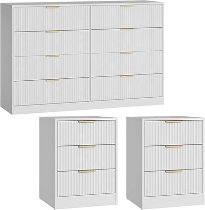 8 Drawer Dresser & Nightstand Set 3-Piece, 55” Wide Tall Fluted Dresser and Night Stand Set of 2 with Metal Handle, Modern Wood Chest of Drawers Storage Dressers Set for Bedroom, White