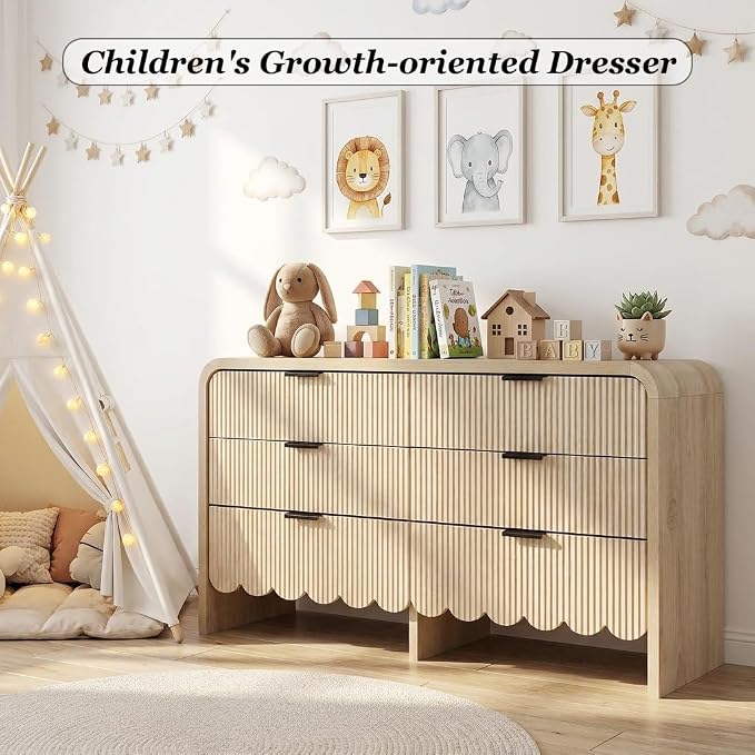 59" Scalloped Dresser for Nursery,Fluted 6 Drawer Wooden Dressers,Boho Long Dresser for Bedroom Kids Room, Living Room