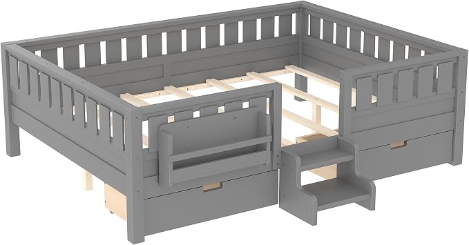 Bellemave Queen Size Kids Montessori Bed with Stairs and Bookshelf,Solid Wood Queen Size Kids Bed Frame with Drawers and Storage for Girls Boys,Low-Profile,Gray