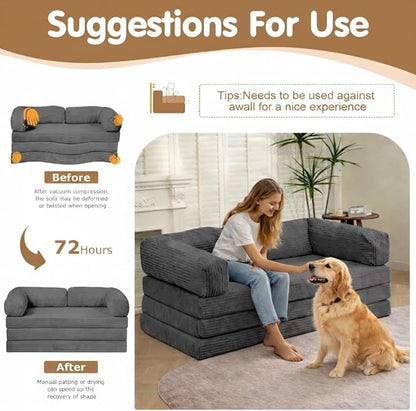 Convertible Sofa Bed King,5-in-1 Folding Boneless Couch Corduroy Futon Sofa Bed,Tri-Fold Mattress with Removable Armrests & Handle,Sleeper with Pull Out Bed for Small Space Living Room Bedroom
