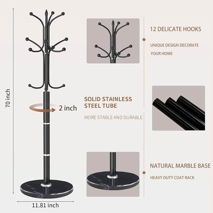 Modern Metal Coat Rack Stand, Coat Rack Freestanding with Natural Marble Base, Sturdy Heavy Duty Coat Racks with 12 Hooks, Black Coat Hall Tree Stand for Entryway, Office (12 HOOKS-Black)