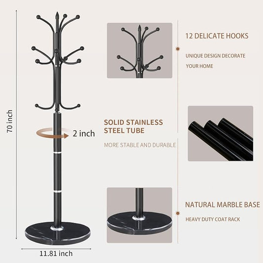 Modern Metal Coat Rack Stand, Coat Rack Freestanding with Natural Marble Base, Sturdy Heavy Duty Coat Racks with 12 Hooks, Black Coat Hall Tree Stand for Entryway, Office (12 HOOKS-Black)