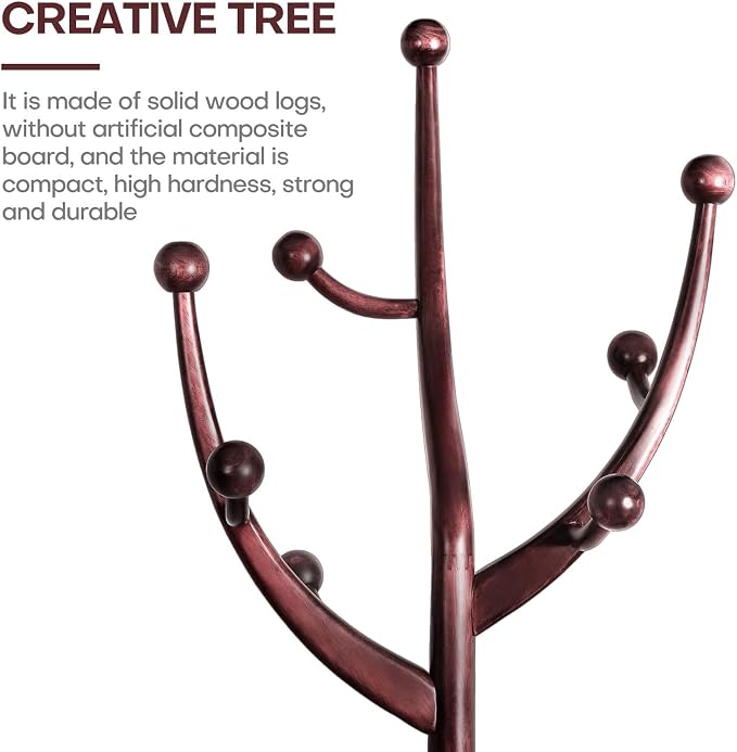 Bekrvio Freestanding Wood Coat Rack with Stable Sphere Base, Wine Red | 8 Hooks Tree Branch Design, Heavy Duty Standing Coat Hanger for Entryway, Hallway, Bedroom, Foyer; Hangs Coats, Hats, Bags