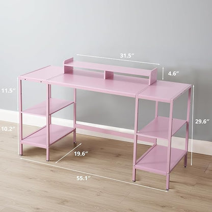 MINOSYS Computer Desk 55-inch with Storage Shelf - Pink Ideal Gaming Desk for Bedrooms, Small Spaces, and Home Offices Modern Writing Desk for PCs.