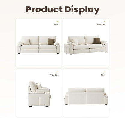 MALOL 89" Loveseat Couch, 3 Seater Upholstered Midcentury Mondern Love Seat with USB Type C Ports, 4 Pillows and Storage Armrest Cloud Foam Sofa for Living Room/Small Spaces, Beige | Breathable material