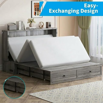 Mjkone Queen Size Murphy Bed with Tri-Folding Mattress, Farmhouse Murphy Cabinet with USB Charging Station, Modern Cabinet Beds with Large Storage Drawers for Living Room Home Office, Gray