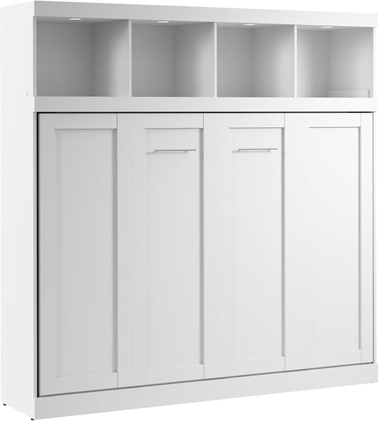 Bestar Queen Size Horizontal Murphy Bed with Storage and Charging Station, 80-inch, for Bedroom or Guestroom, Pur Collection, Modern, White