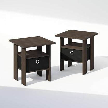 Furinno TIDUR Night Stand Set of 2, Open Shelf Design Nightstand with Storage Bin, Bedside Table, End Table, Side Table, for Bedroom, Closet, Dorm, Dark Brown