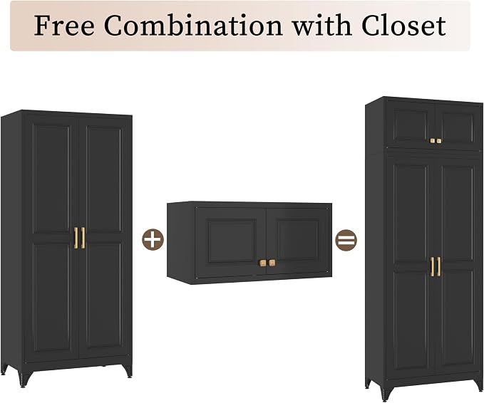 86" Metal Wardrobe Cabinets,Black Armoire Wardrobe Closet with Hanging Rod,Clothes Storage Cabinet with Adjustable Shelves and Doors,Clothing Cabinet for Bedroom,Laundry Room