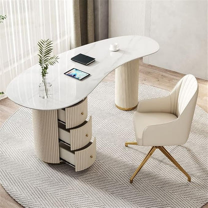 LAKIQ Modern Sintered Stone Writing Desk with 3 Drawers White Howe Office Working Pedestal Table Home Desktop Computer Desk Home Office Writing Desk with Storage-Table Only(63" L x 27.6" W x 29.5" H)