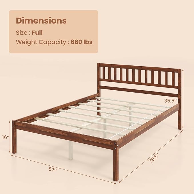 Giantex Wood Full Size Bed Frame with Headboard, Mid Century Solid Wood Bed with Slat Support, No Box Spring Needed, Double Bed Frame with 16" Under Bed Storage, Walnut