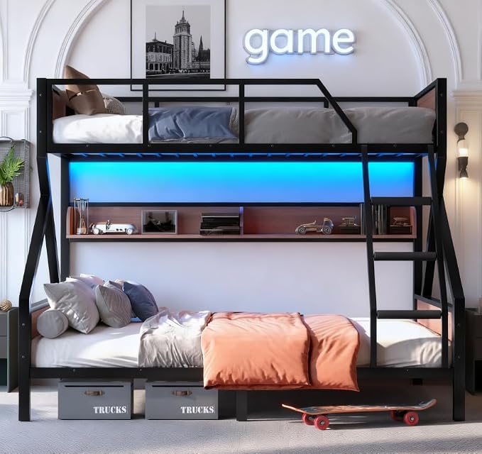 Bellemave Bunk Bed Twin XL Over Queen with LED, Heavy Duty Metal Bunk BedFrame with Storage Shelves and Lights, Black