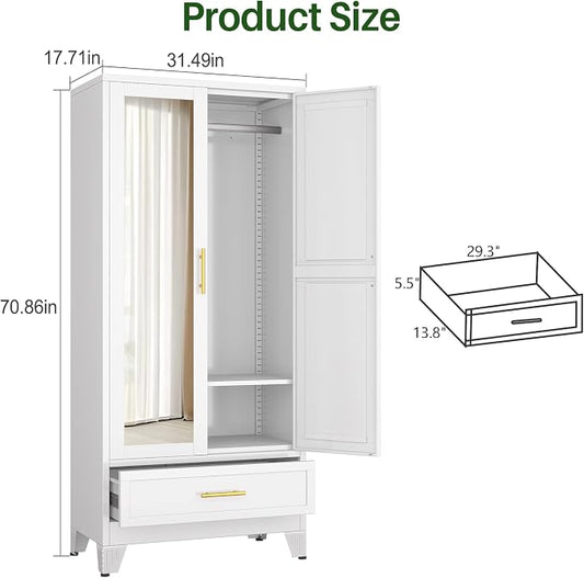 winiowa Metal Armoire Wardrobe Closet with Drawer, 71" Wardrobe Cabinet with Adjustable Shelves and Hanging Rod, Clothing Storage Cabinet Closet with Mirror for Bedroom-White