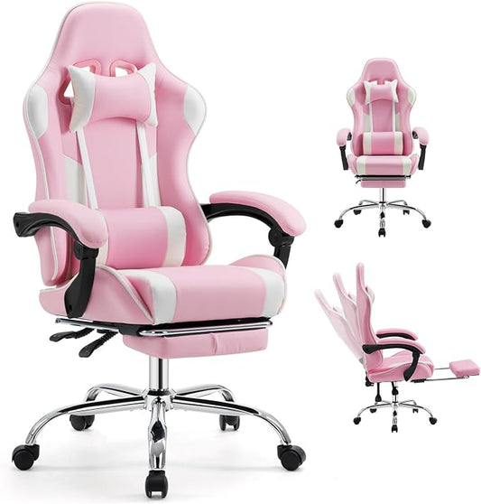 DUMOS Ergonomic Gaming Office Desk Chair with Footrest and Headrest for Adults, PU Leather Video Computer Chair with Linkage Armrests, Height Adjustable 360° Swivel Recling, White Pink