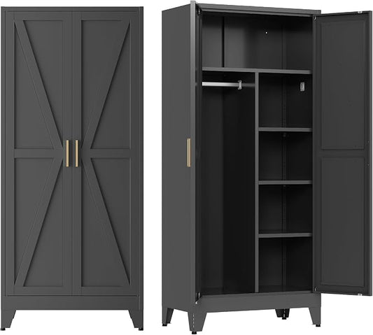 Metal armoire Wardrobe Closet with Hanging Rod,71'' Metal Wardrobe Cabinet with 2 Doors and 4 Adjustable Shelves, Bedroom armoires,Laundry Room cabinets,armario de ropa Closet