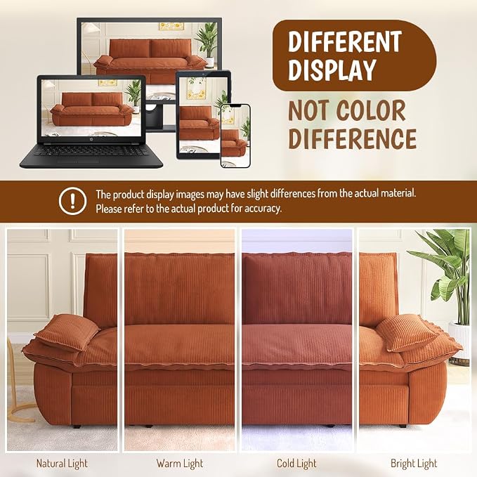 73.2" Sleeper Sofa Bed Queen, 3-in-1 Convertible Couch, Modern Pull Out Couches, Comfy Corduroy Futon Sofa, Cloud Loveseat Lounge, Pillow Arm for Small Spaces, Living Room, Apartment, Orange