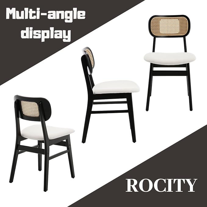ROCITY Rattan Dining Chairs Set of 6 Black Linen Fabric Dining Room Chairs Natural Wooden Kitchen Chairs Farmhouse Boho