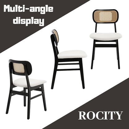 ROCITY Rattan Dining Chairs Set of 2 Black Linen Fabric Dining Room Chairs Natural Wooden Kitchen Chairs Farmhouse Boho