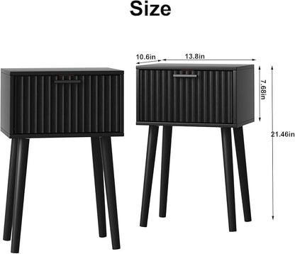 LAATOOREE Nightstands Set of 2, Small Side Table, Bedside Table with Fluted Door, Solid Wood Feet, Modern Mid-Century End Table for Bedroom, Small Space, Black
