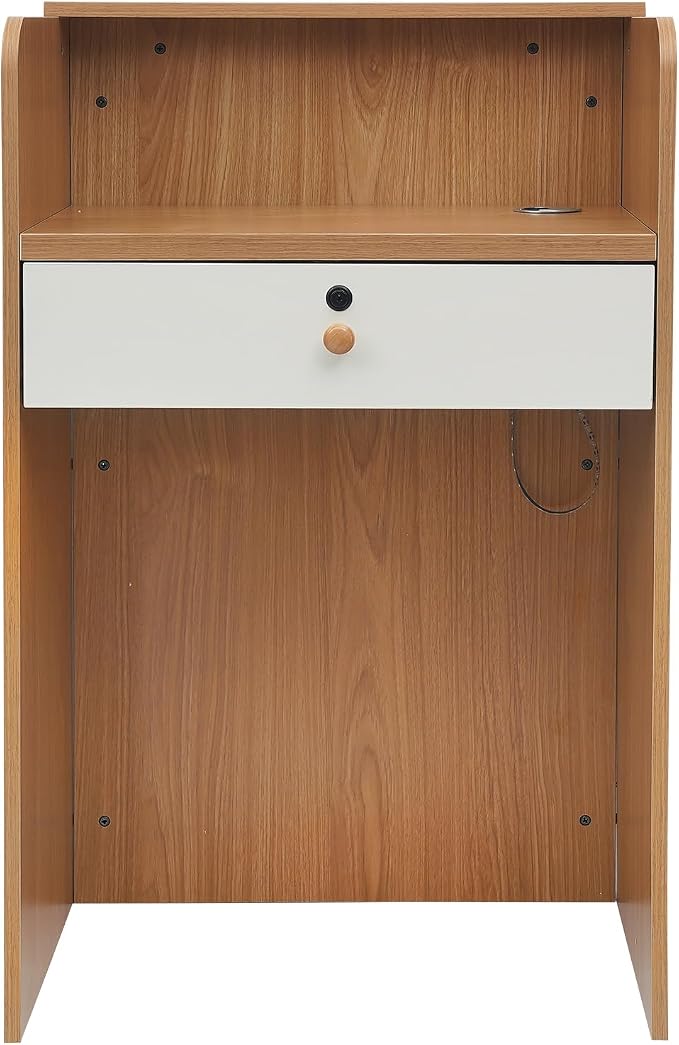 Reception Desk with Counter LED Light, Modern Front Desk with Lockable Drawer, Retail Checkout Counter for Clothing Store Lobby Beauty Salon, Oak Color