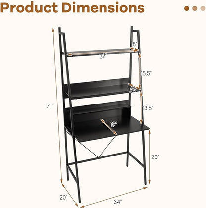 Tangkula 3-Tier Ladder Computer Desk, 71 Inch Modern Writing Desk with Storage Shelves, PC Laptop Workstation, Ladder Bookcase Stand Shelf with Metal Frame, Study Shelf Desk for Home Office (Black)