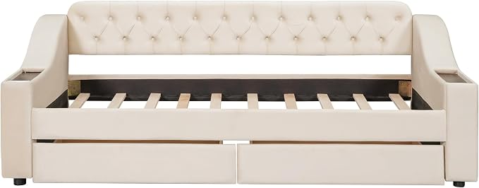 Merax Twin Size Upholstered Daybed with Storage Armrests, Wooden Sofa Bed Frame with 2 Drawers and USB Port, Beige