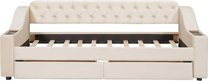 Merax Twin Size Upholstered Daybed with Storage Armrests, Wooden Sofa Bed Frame with 2 Drawers and USB Port, Beige