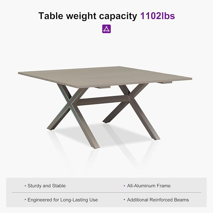 PURPLE LEAF Outdoor Dining Set for 8 All-Weather 9 Piece Patio Aluminium Dining Large Square Table and Rope Weave Chairs Included Cushions for Backyard Deck Indoor Patio Furniture Set Champagne