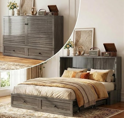 PUREMIND Queen Murphy Bed, Murphy Cabinet Bed with Storage Drawer, USB Charging Station and Bedside Panel, Space Saving Murphys Chest Beds Wallbed for Guest Room, No Mattress