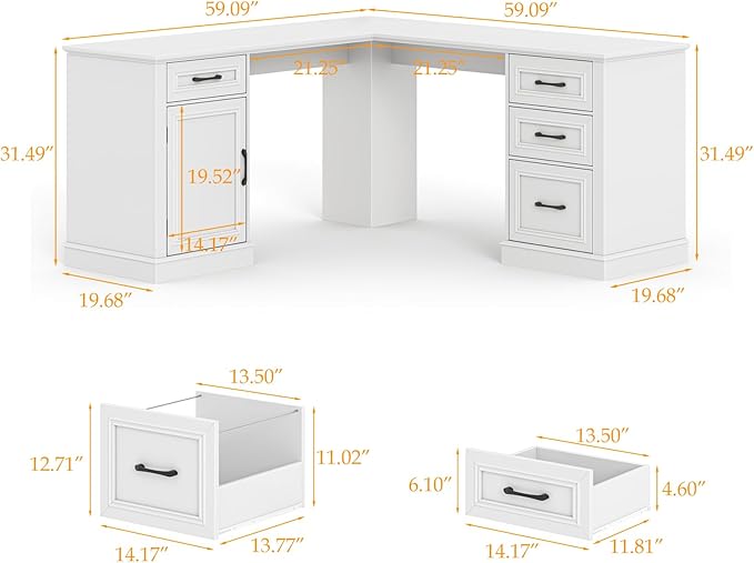 Halitaa Farmhouse 59" L-Shaped Executive Desk with Drawers, Wood Home Office Corner Desk with File Drawer, Storage Cabinet, Rustic Computer Writing Desk for Home Office. White
