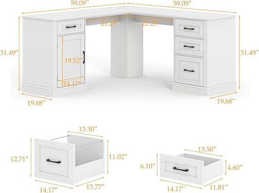 Halitaa Farmhouse 59" L-Shaped Executive Desk with Drawers, Wood Home Office Corner Desk with File Drawer, Storage Cabinet, Rustic Computer Writing Desk for Home Office. White