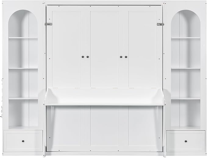 PVWIIK Queen Size Murphy Bed with Storage Drawers & Desk for Save Space & Small Space,Bedroom,Guest Room,Wall Bed Frame Folding into Cabinet Design w/LED & Storage Shelf,White