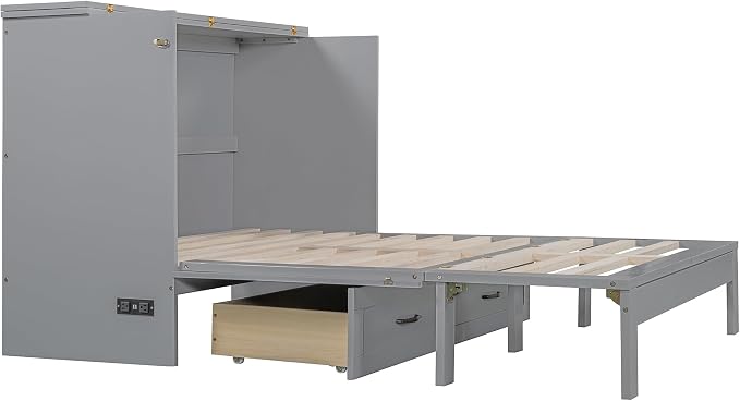 Ball & Cast Full Size Murphy Bed Hideaway Wall Chest with Large Drawers,can be Folded,Storage Space-Saving Furniture Hideaway Platform Bedframe W/USB Charging Port,for Bedroom,White
