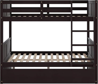 Merax Trundle Bunk Bed, Full Over Full Wood Bunk Bed with Twin Size Trundle, Guardrail and Ladder, Can be Separated into 2 Beds, Espresso