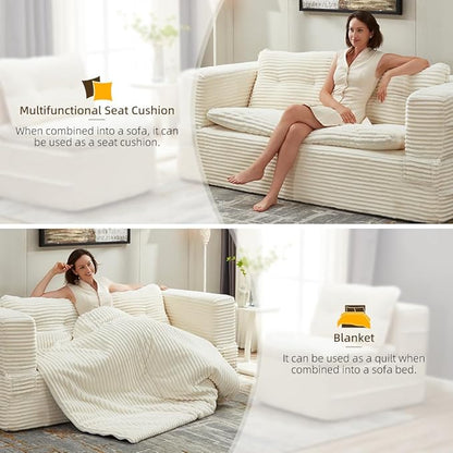 80'' Futon Sofa Bed, King Size Foldable Sleeper Sofa, Corduroy Boneless Loveseat Couch with Chaise Lounge, 3 Pillows, Blanket, Upholstered Sectional Couches for Living Room, Bedroom, Beige