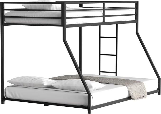 EMKK Twin Over Full Bunk Bed for Adults, Metal Bunk Beds Twin Over Full Size for Teens Dorm Bedroom Guest Room,Heavy Duty Bunk Beds with Ladder and Safety Full Length Guardrail (Black A)