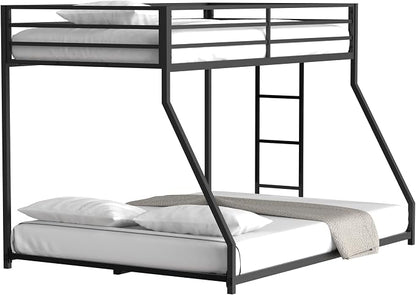 EMKK Twin Over Full Bunk Bed for Adults, Metal Bunk Beds Twin Over Full Size for Teens Dorm Bedroom Guest Room,Heavy Duty Bunk Beds with Ladder and Safety Full Length Guardrail (Black A)