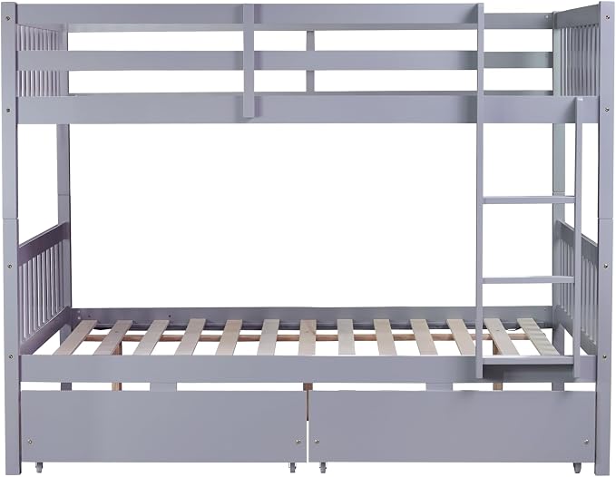 Full Over Full Bunk Bed with Storage Drawers,Convertible Bunk Beds with Ladder & Safety Guardrails,Full Size Bunk Beds for Kids Girls Boys,Grey