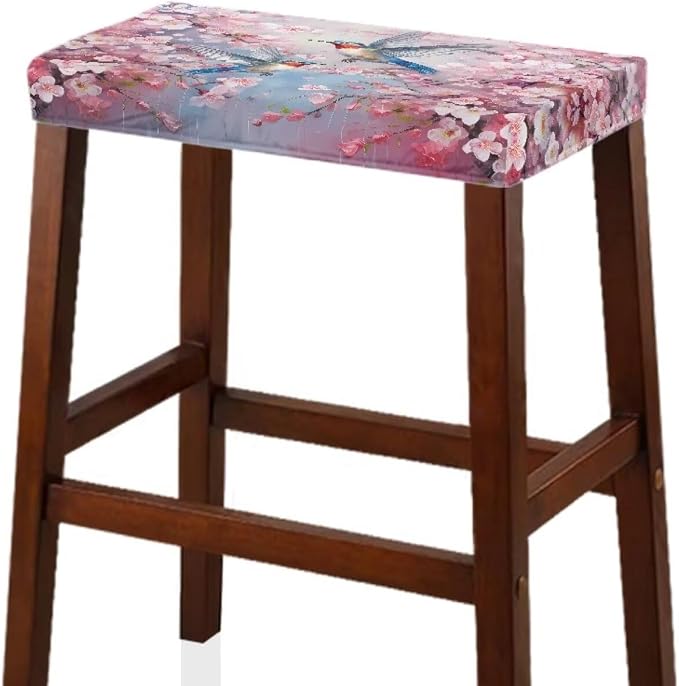 Vanity Stool Covers Bar Stool Covers Set of 2 Cherry Blossom Hummingbird Bar Stool Saddle Seat Covers Rectangle Bench Seat Protector Barstool Covers with Elastic Bands for 14-20 inch Stool