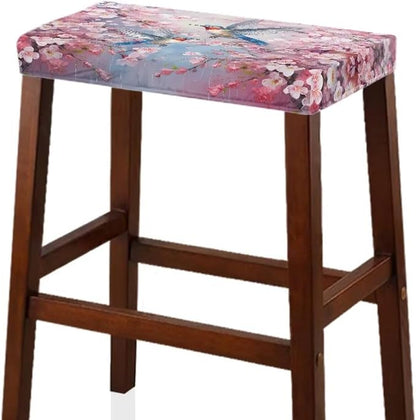 Vanity Stool Covers Bar Stool Covers Set of 2 Cherry Blossom Hummingbird Bar Stool Saddle Seat Covers Rectangle Bench Seat Protector Barstool Covers with Elastic Bands for 14-20 inch Stool