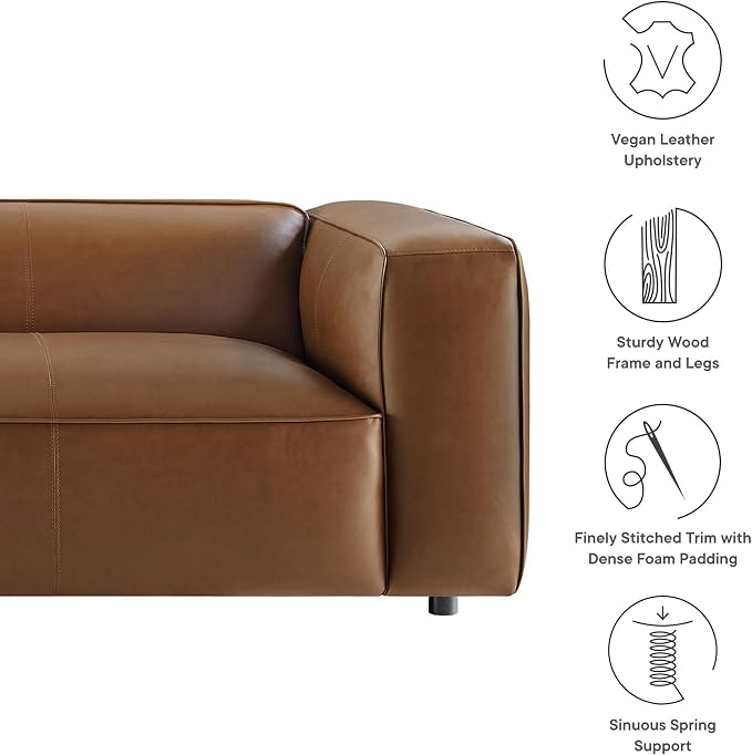 Modway Auren Vegan Leather Sofa in Coffee - Faux Leather Couch - Comfy Modern PU Leather Sofa - Oversized Mid Century Modern Couch for Living Room, Apartment, Loft