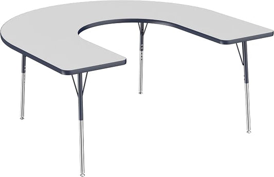 FDP Horseshoe Activity School and Office Table (60 x 66 inch), Standard Legs with Swivel Glides for Collaborative Seating Environments, Adjustable Height 19-30 inches - Gray Top and Navy Edge