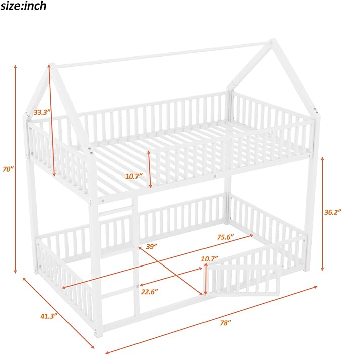 RuiSiSi Metal Bunk Bed Twin Over Twin, Floor House Bunk Bed with Safety Guardrails and Roof for Kids Teens, Twin Bunk Beds for Bedroom, No Box Spring Needed, White